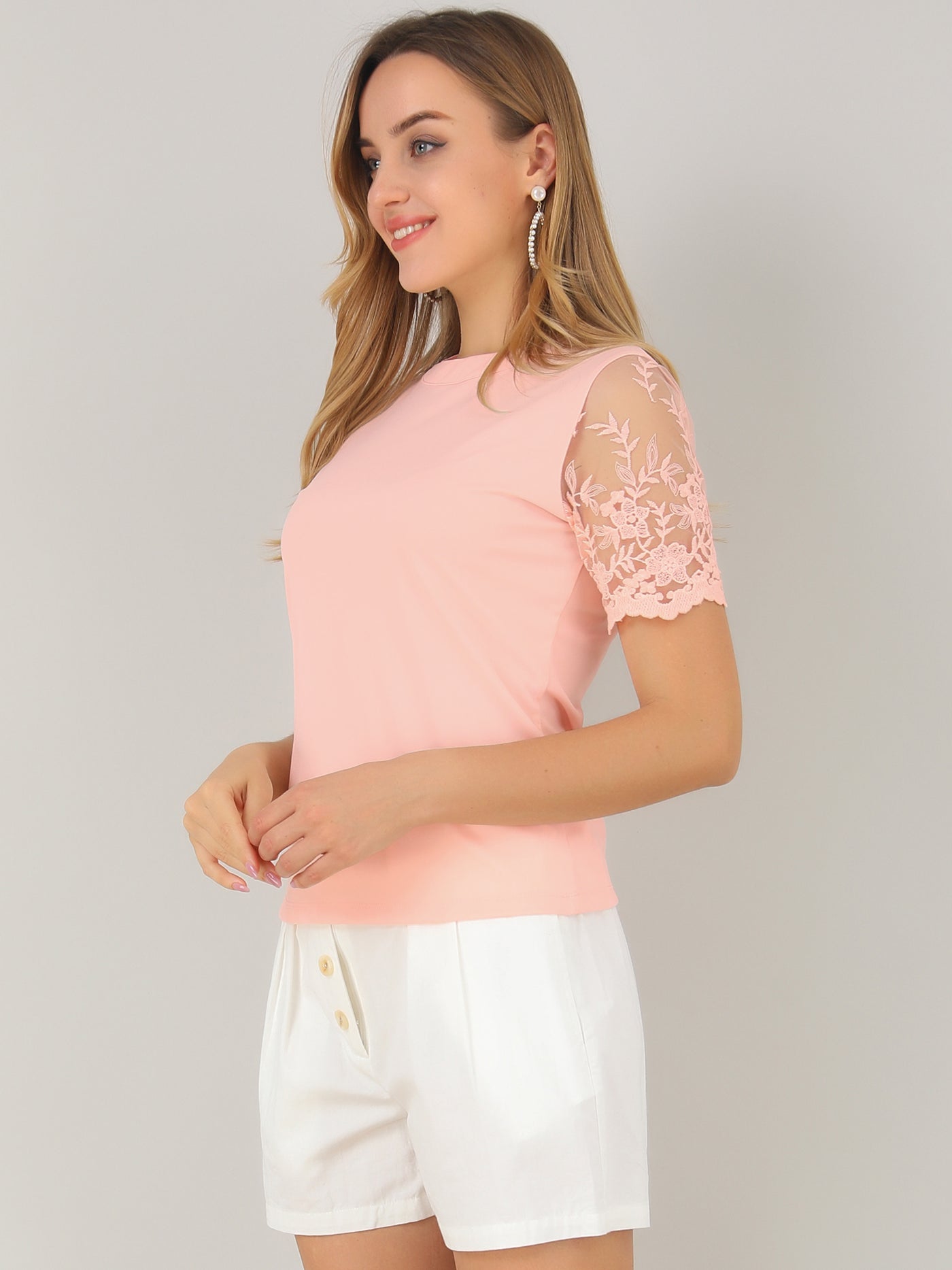 Allegra K Floral Lace Short Sleeve T-Shirt Casual Round Neck Knit Blouse Top