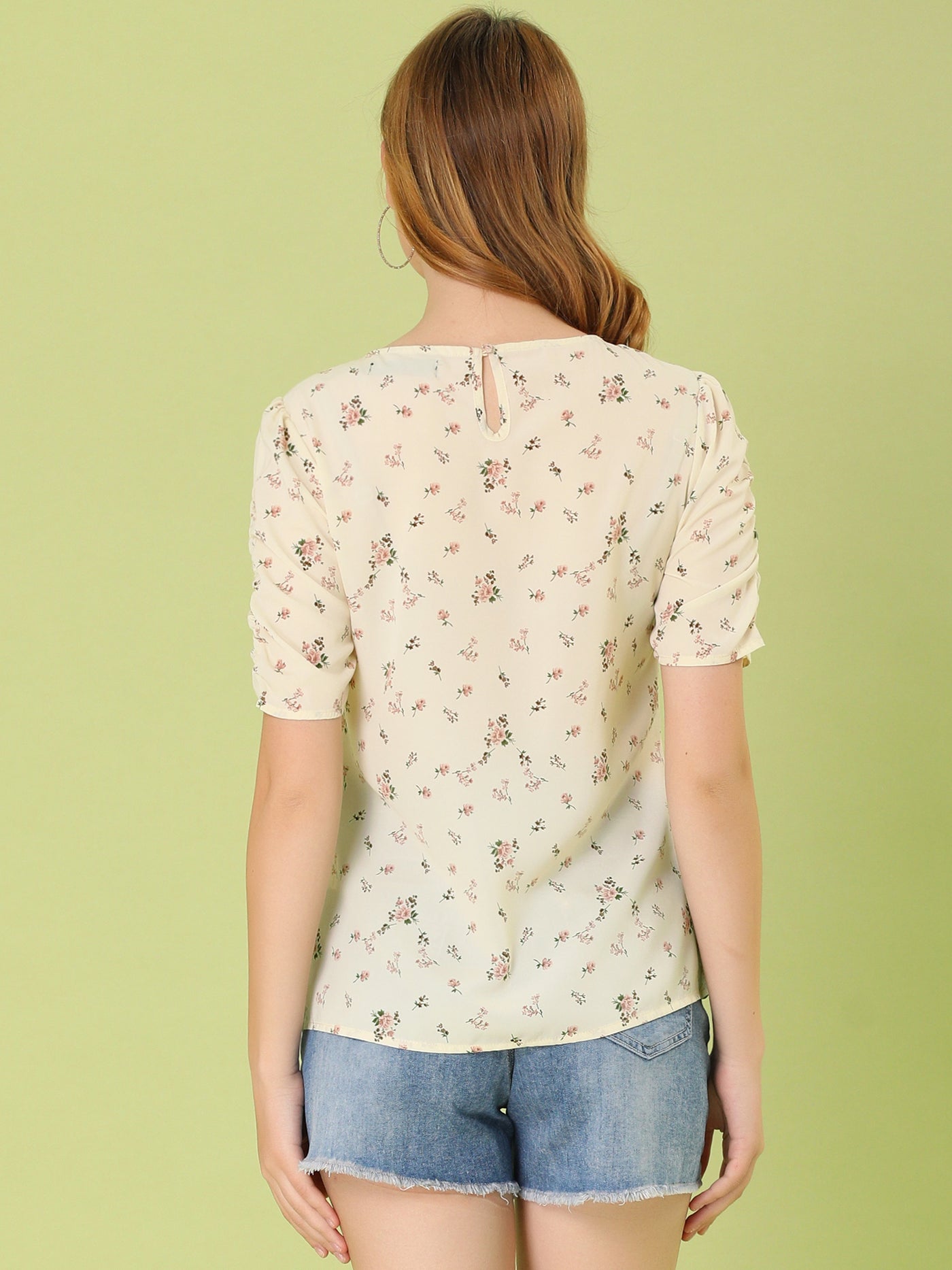 Allegra K Crew Neck Floral Casual Shirred Short Sleeve Blouse