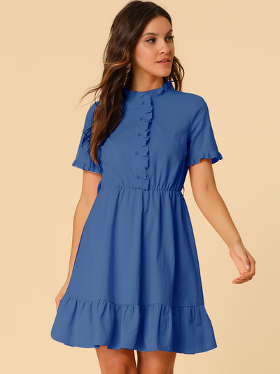 Cotton Fit and Flare Shirtdress Belted Button Front Ruffled Dress