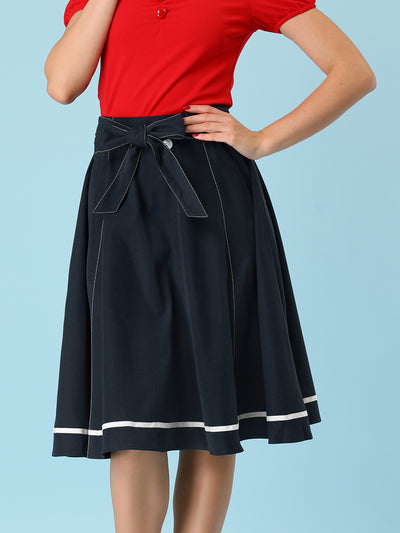 Flared Bow Tie Waist Button Decor Contrast Trim A-Line Skirt