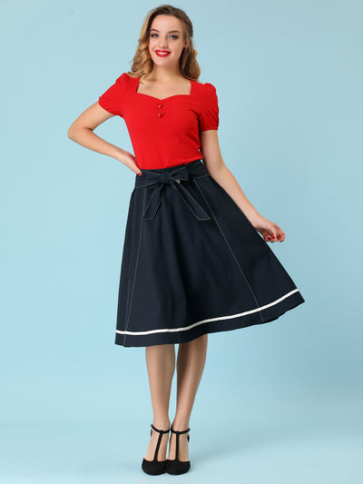Flared Bow Tie Waist Button Decor Contrast Trim A-Line Skirt