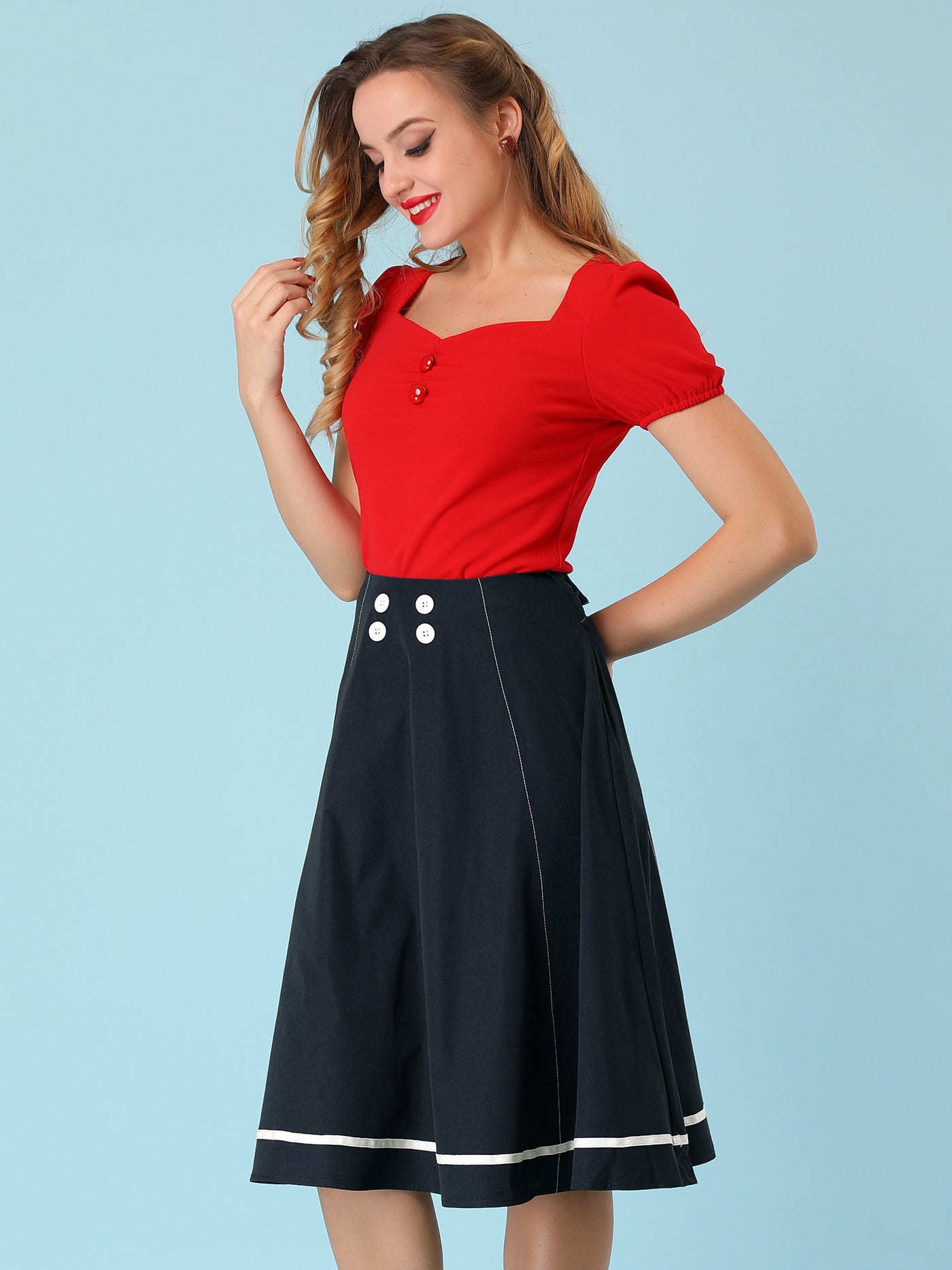 Allegra K Flared Bow Tie Waist Button Decor Contrast Trim A-Line Skirt