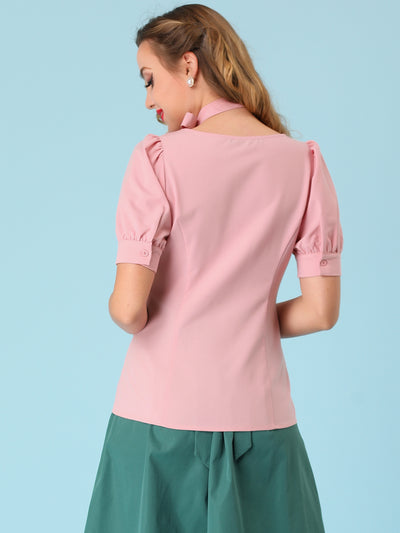Retro Puff Sleeve Blouse Cotton Button Down Work Shirt
