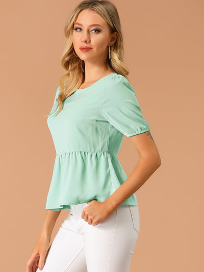 Babydoll Shirt Short Sleeve Solid Chiffon Peplum Top