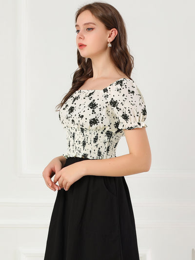 Floral Square Neck Puff Short Sleeve Ruffle Hem Smocked Crop Top