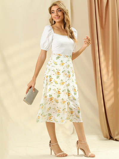 Beach Party A-Line Split Front Vacation Midi Chiffon Floral Skirt