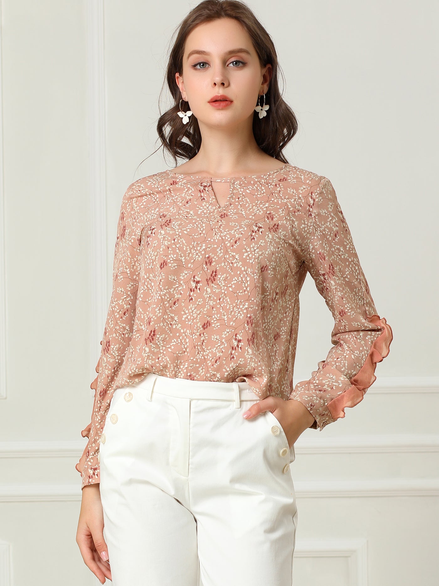 Allegra K Lace Long Sleeve Keyhole Neck Branch Floral Ruffled Blouse
