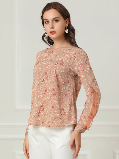 Lace Long Sleeve Keyhole Neck Branch Floral Ruffled Blouse