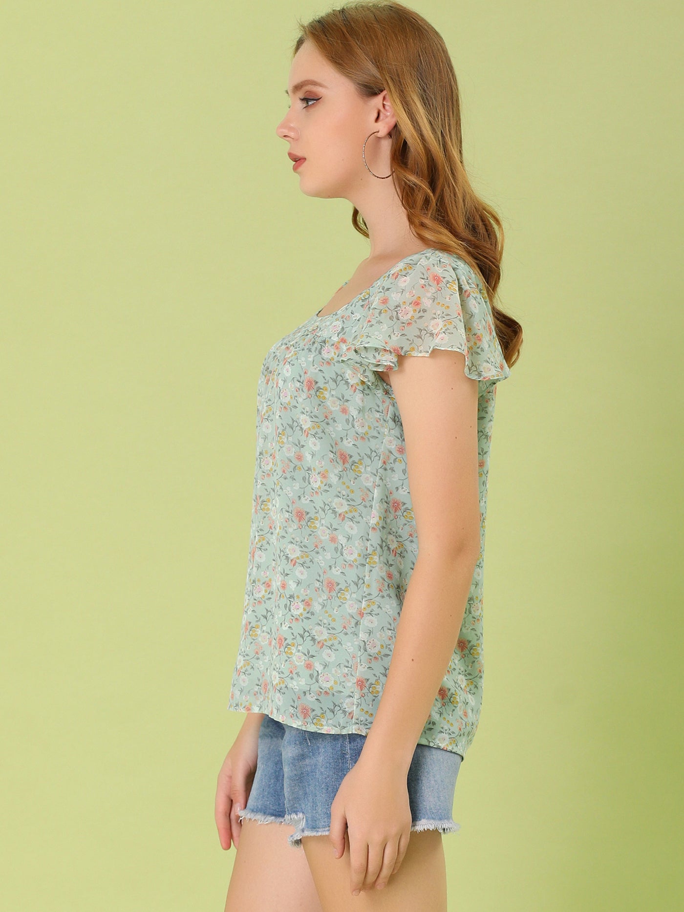 Allegra K Chiffon Ruffle Sleeve Top Layered Vintage Ditsy Floral Blouse
