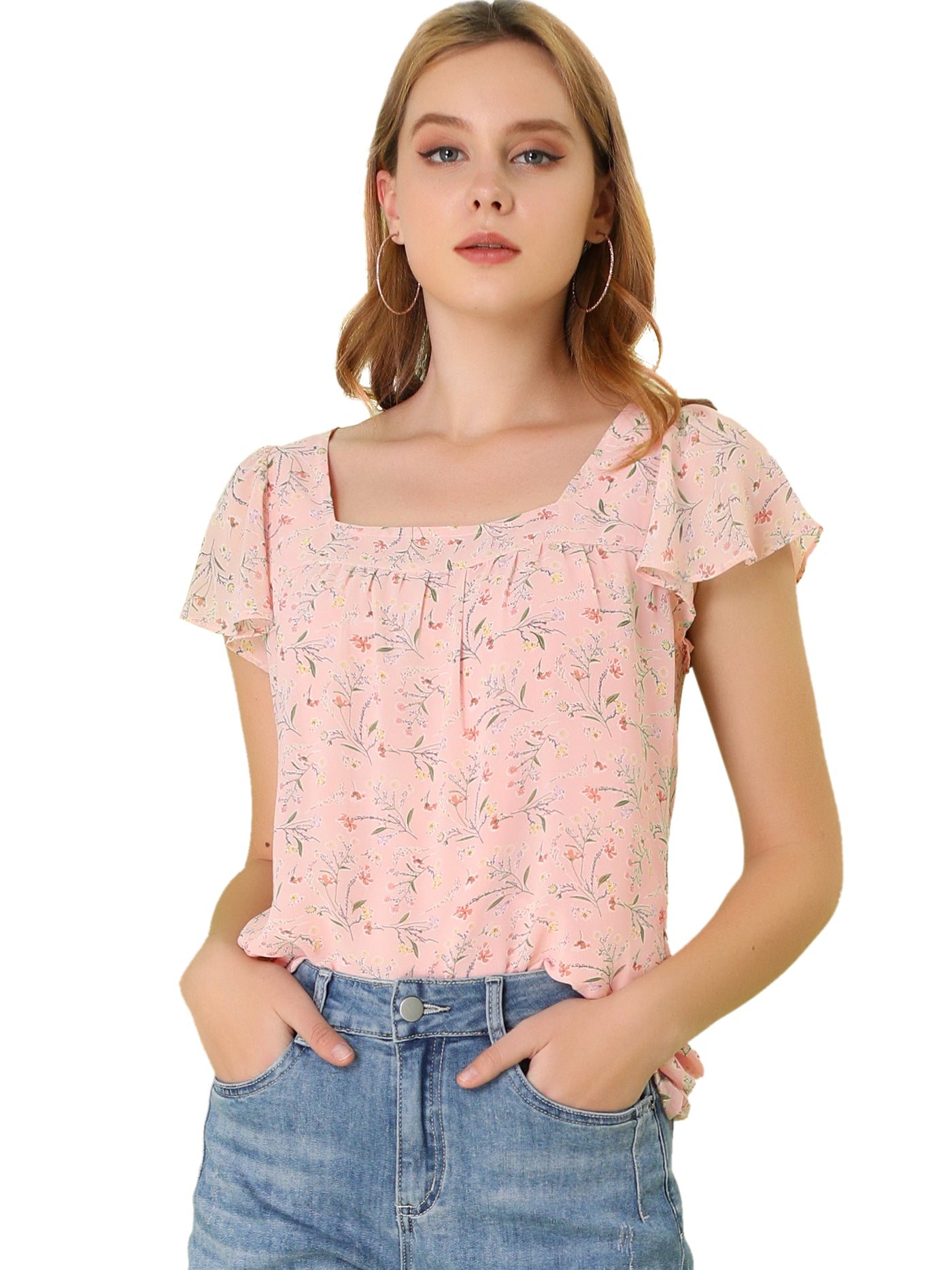 Allegra K Chiffon Ruffle Sleeve Top Layered Vintage Ditsy Floral Blouse