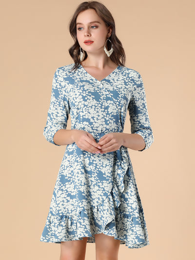 Allegra K 3/4 Sleeves V Neck Ruffle Hem Floral Print Short Dress