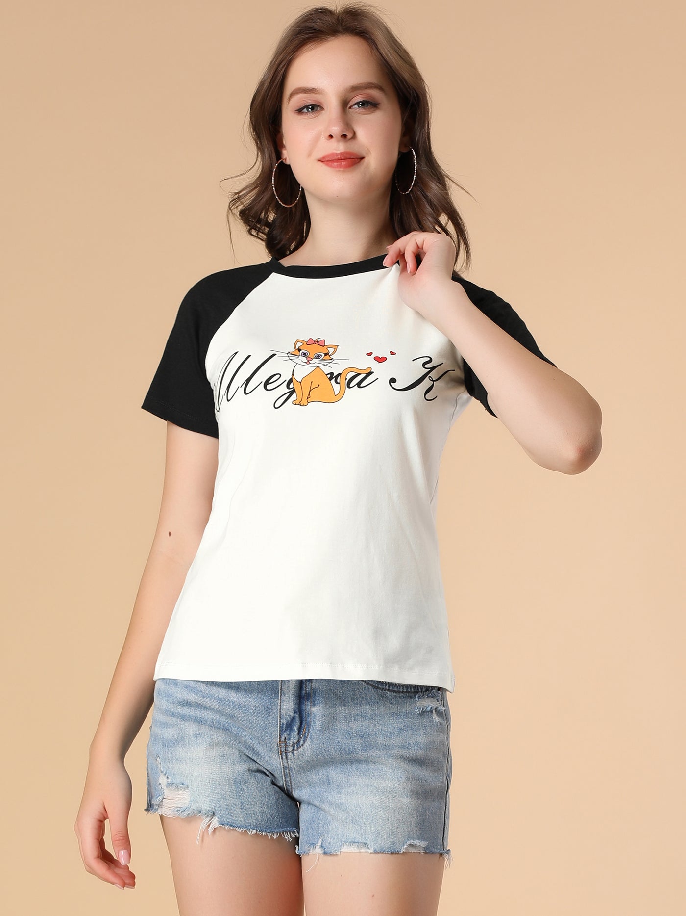 Allegra K Cotton Contrast Color Raglan Sleeve Cat Graphic T-shirt Tee