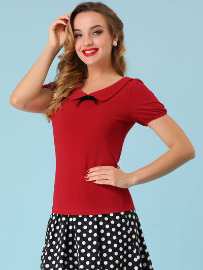 Bow Neck Solid Short Sleeve Peter Pan Collar Blouse