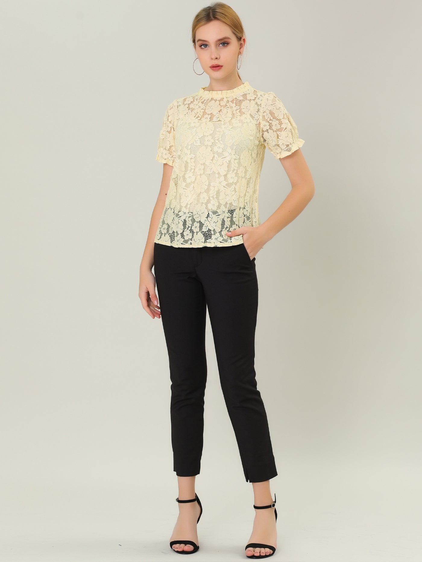 Allegra K Puff Short Sleeve Ruffle Neck See-Through Floral Lace Top