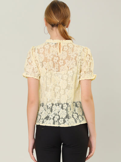 Puff Short Sleeve Ruffle Neck See-Through Floral Lace Top