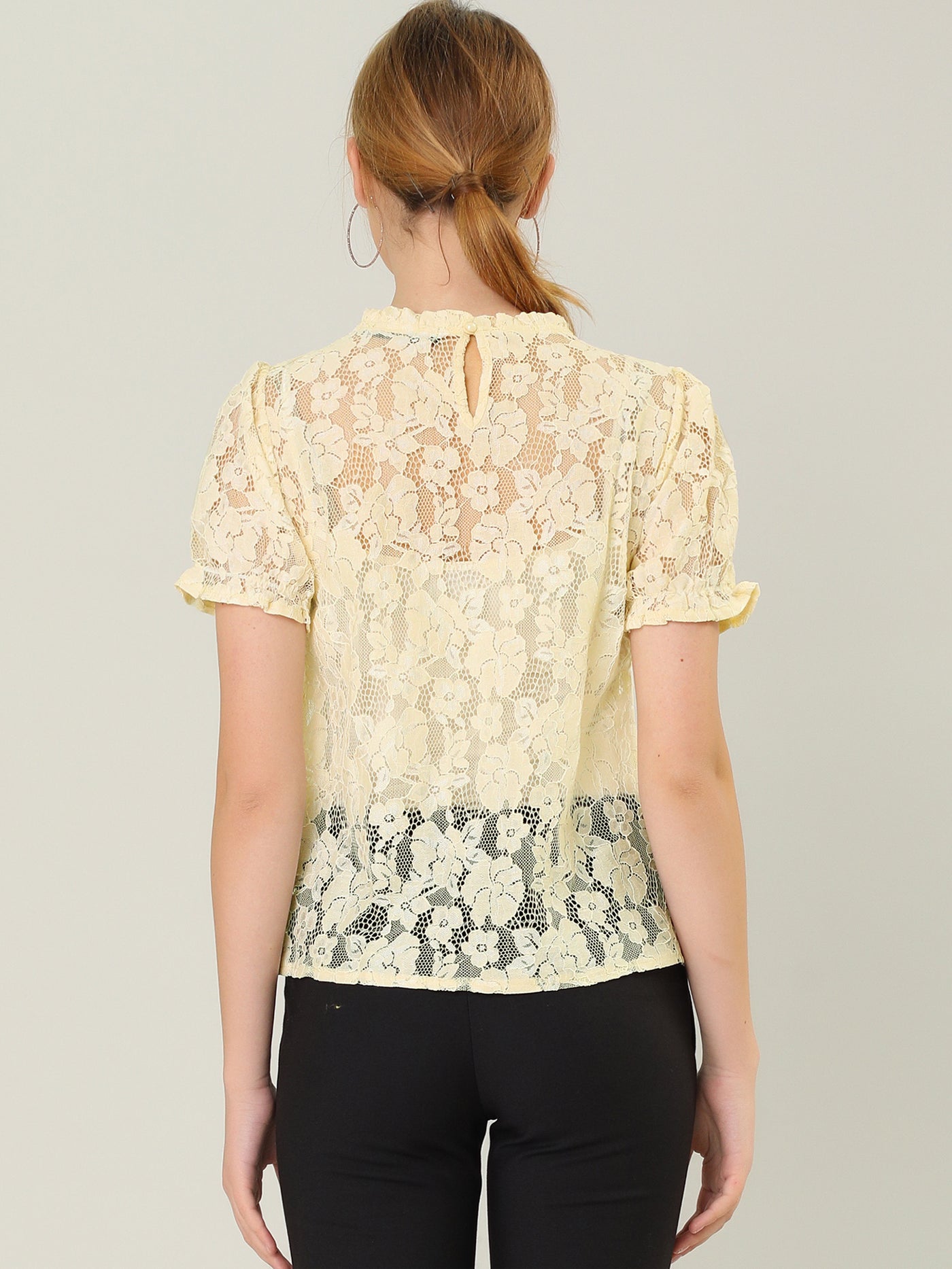 Allegra K Puff Short Sleeve Ruffle Neck See-Through Floral Lace Top