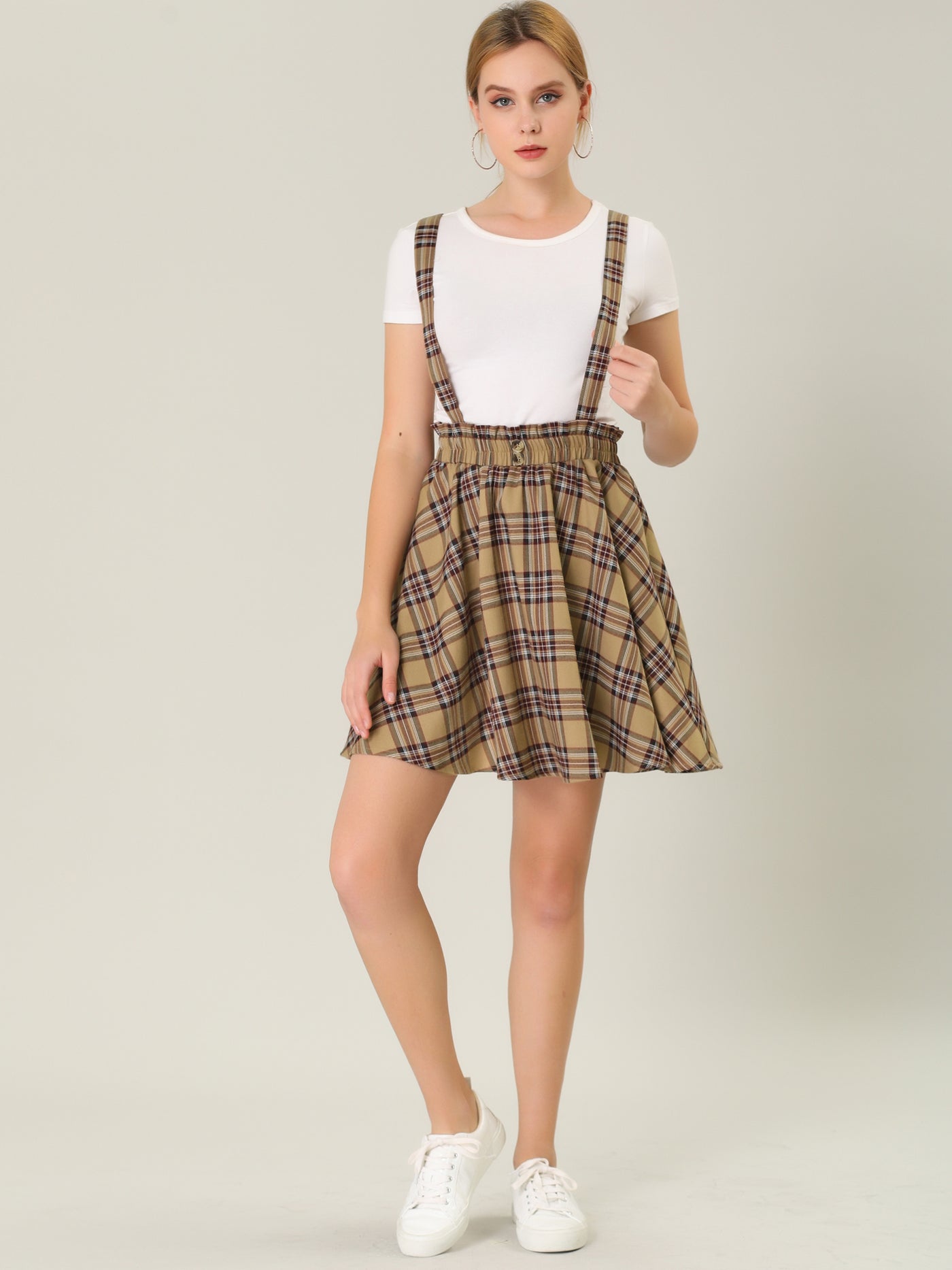 Allegra K Plaid Pleated Mini Tartan Overall Skater Suspender Skirt