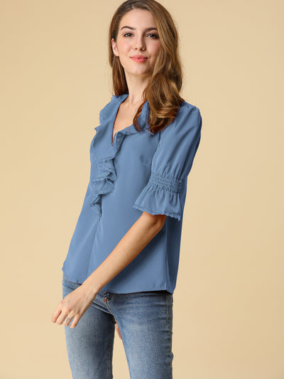 Women's Ruffle V Neck Puff Sleeve Blouse Summer Vintage Casual Chiffon Peasant Top
