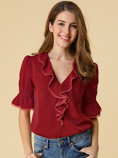 Women's Ruffle V Neck Puff Sleeve Blouse Summer Vintage Casual Chiffon Peasant Top