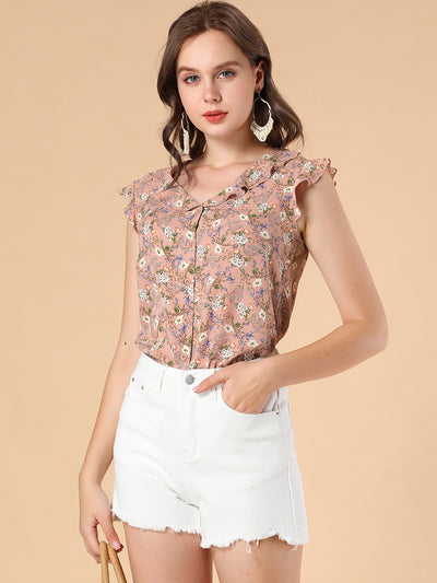 Ruffle Sleeveless Button Up Shirt Floral Blouse