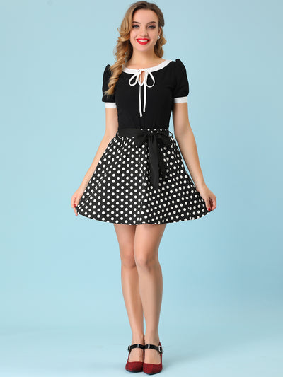 High Waist Belted A-Line Polka Dots Pockets Mini Skirt