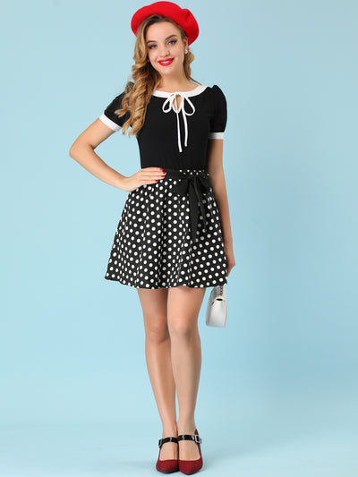 High Waist Belted A-Line Polka Dots Pockets Mini Skirt