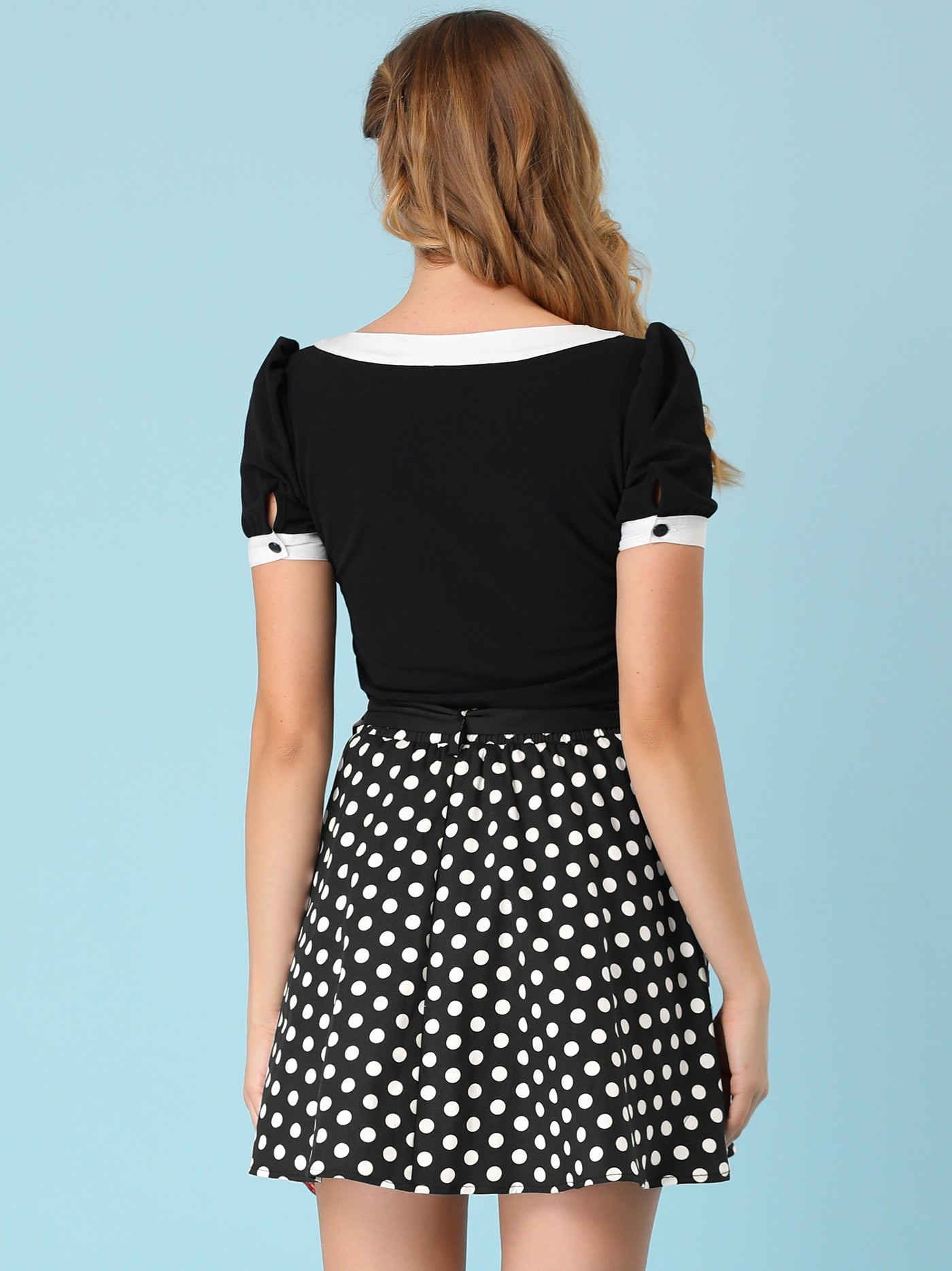 Allegra K High Waist Belted A-Line Polka Dots Pockets Mini Skirt