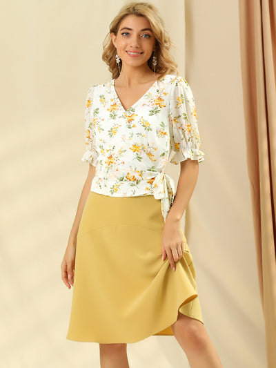Floral Belted Puff Sleeve V Neck Peplum Chiffon Wrap Blouse