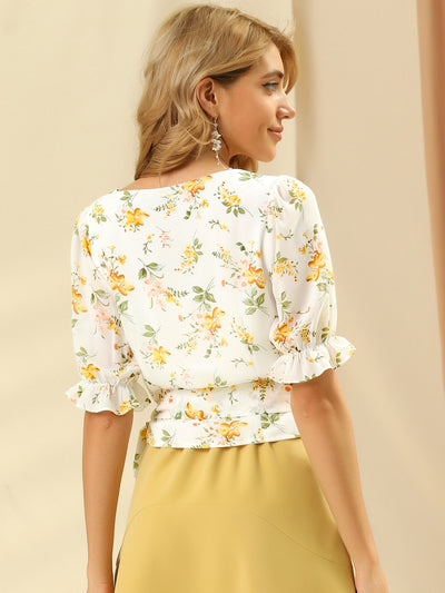 Floral Belted Puff Sleeve V Neck Peplum Chiffon Wrap Blouse