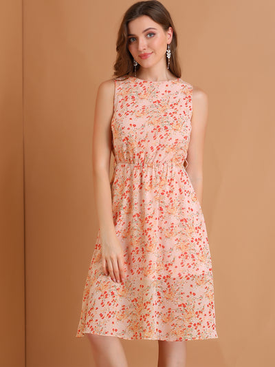 Summer Sleeveless Elastic Waist Belted Floral Chiffon Dress
