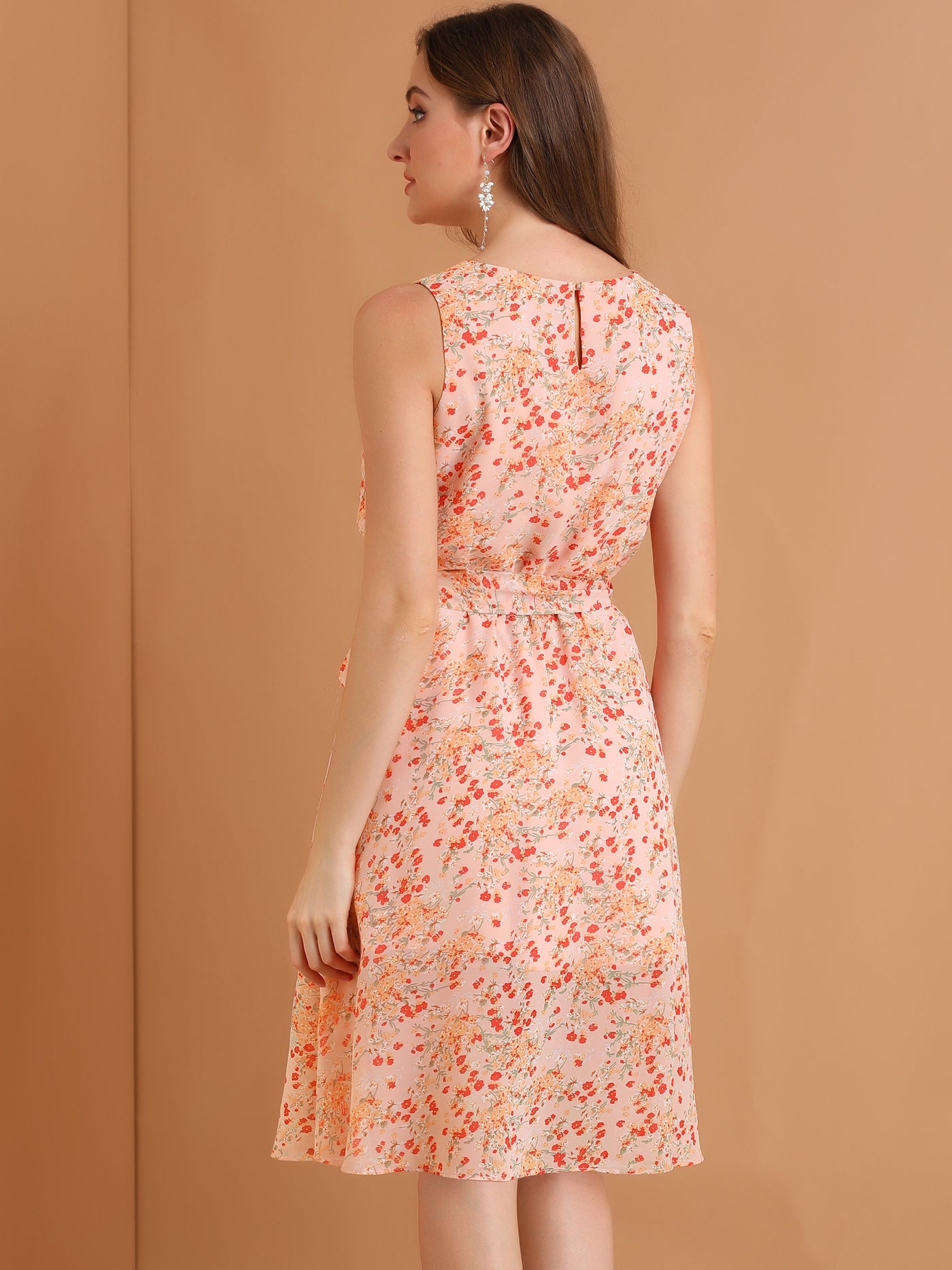 Allegra K Summer Sleeveless Elastic Waist Belted Floral Chiffon Dress