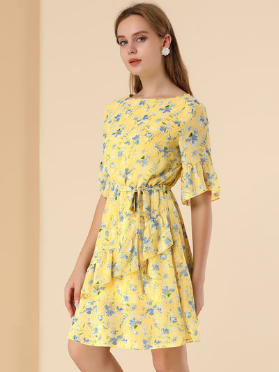 Floral Casual Fit and Flare Ruffle Hem Chiffon Dress