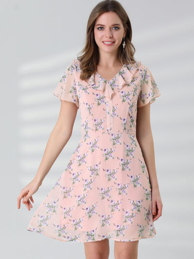 Allegra K Ruffle Neck Short Sleeve A-Line Flowy Chiffon Floral Dress