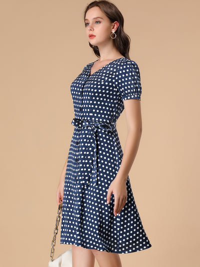 Allegra K Vintage Polka Dots Puff Sleeve Belted Button Down Midi Dress