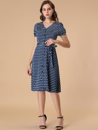 Vintage Polka Dots Puff Sleeve Belted Button Down Midi Dress