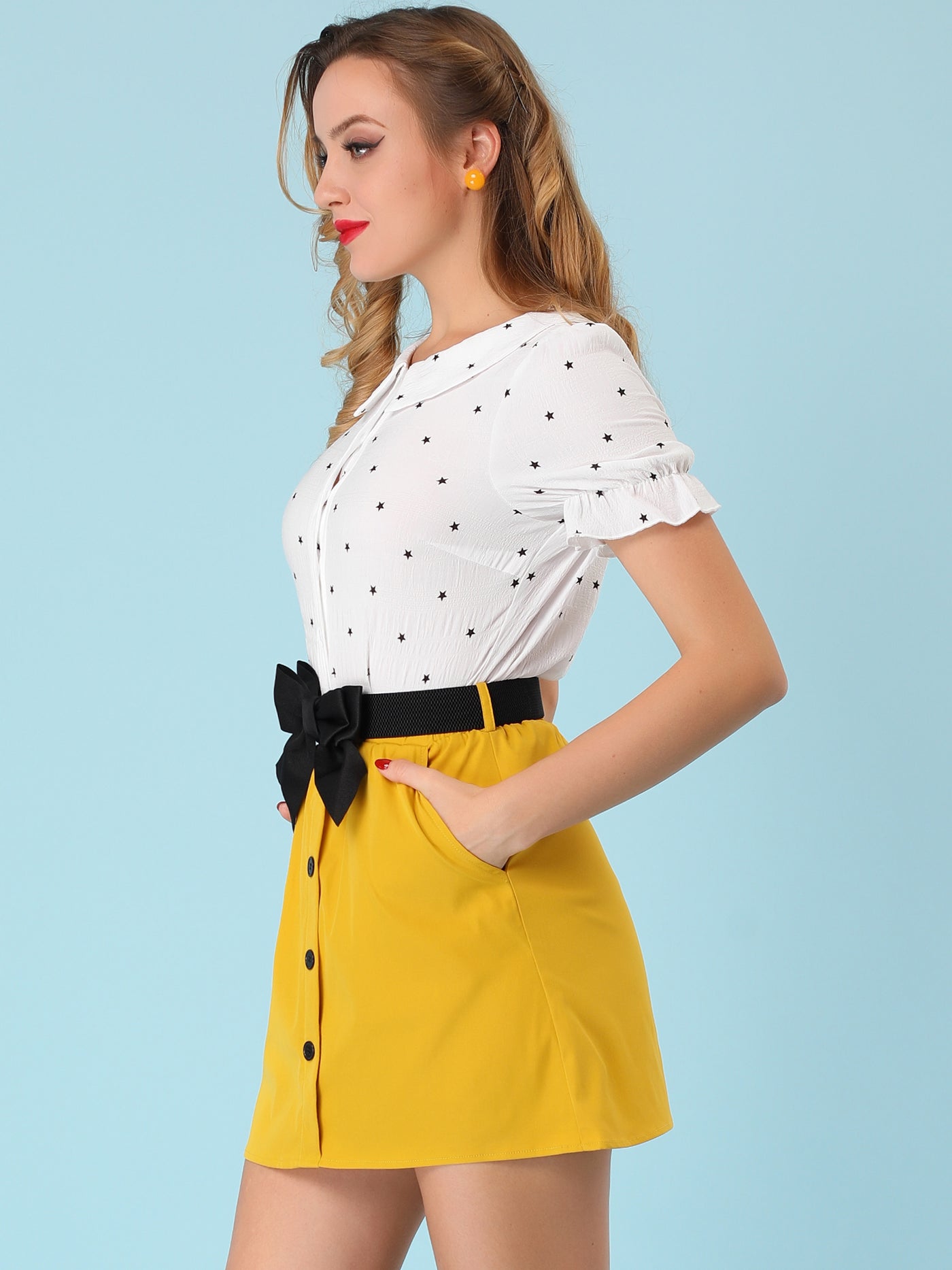 Allegra K Summer Button Decor Vintage High Waist Bow Tie Mini Skirt