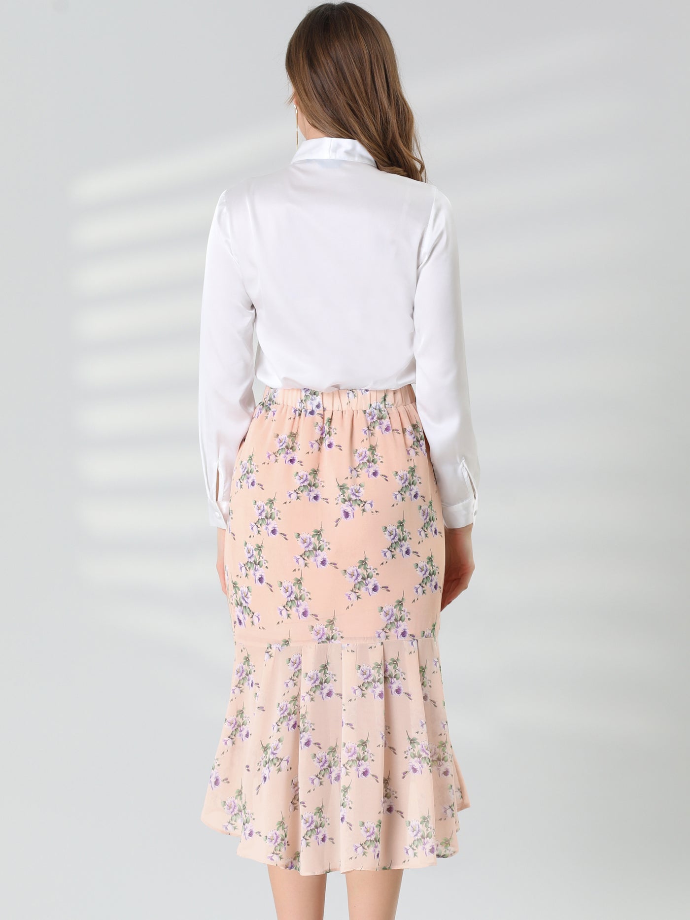 Allegra K Floral Elastic Waist Bodycon Ruffle Hem Chiffon Fishtail Skirt