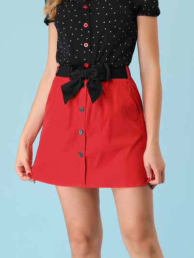 Summer Button Decor Vintage High Waist Bow Tie Mini Skirt