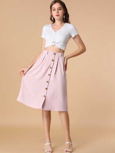 Button Front Casual High Waist Belted Midi Flare Skirt