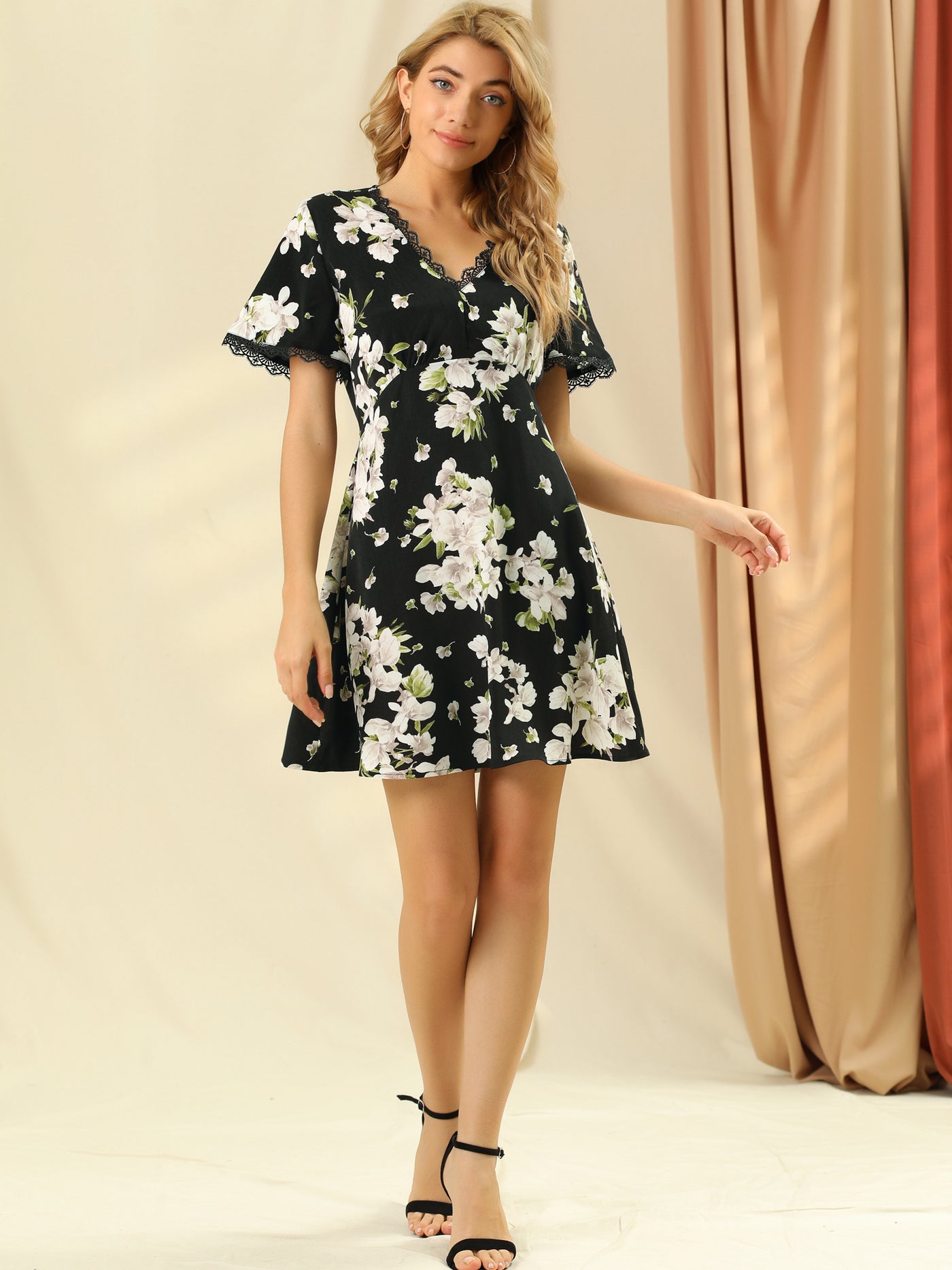 Allegra K Floral Short Sleeve Lace Trim Mini A-Line V Neck Dress