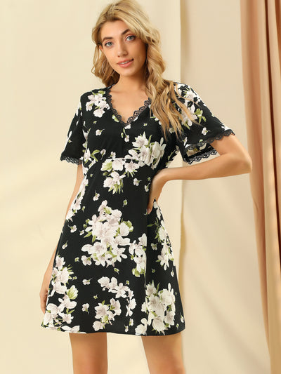 Floral Short Sleeve Lace Trim Mini A-Line V Neck Dress