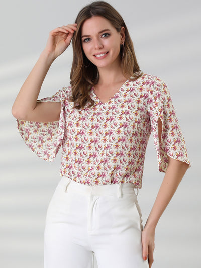 Allegra K Casual Elbow Sleeve Shirt Floral V Neck Blouse Tops
