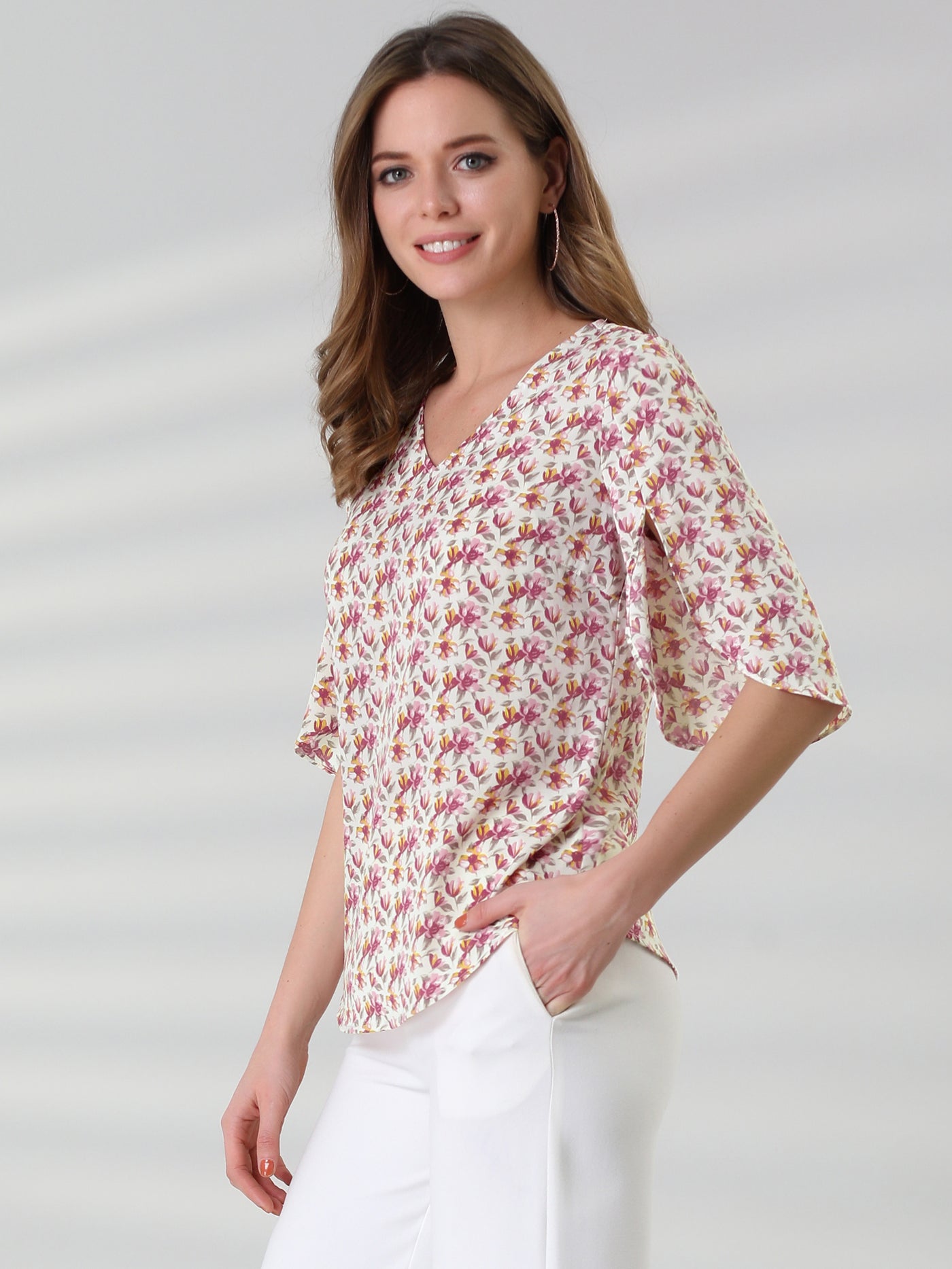 Allegra K Casual Elbow Sleeve Shirt Floral V Neck Blouse Tops