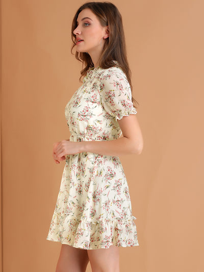 Mini Ruffle Trim Short Sleeve Fit and Flare Shirred Floral Dress