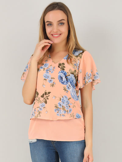 Allegra K Overlay Layered Poncho Chiffon Floral Blouse Top