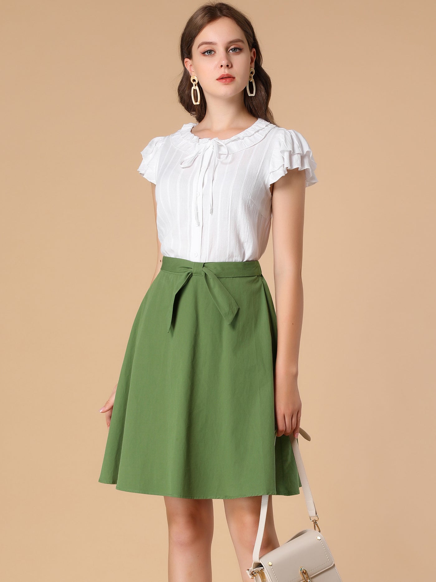 Allegra K Cotton High Waist Bow Tie Casual Work A-line Skirt