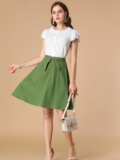 Cotton High Waist Bow Tie Casual Work A-line Skirt