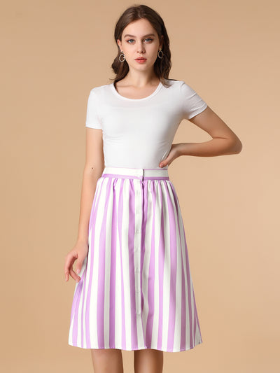 Striped Button Front Elastic Back Waist A-Line Midi Skirt