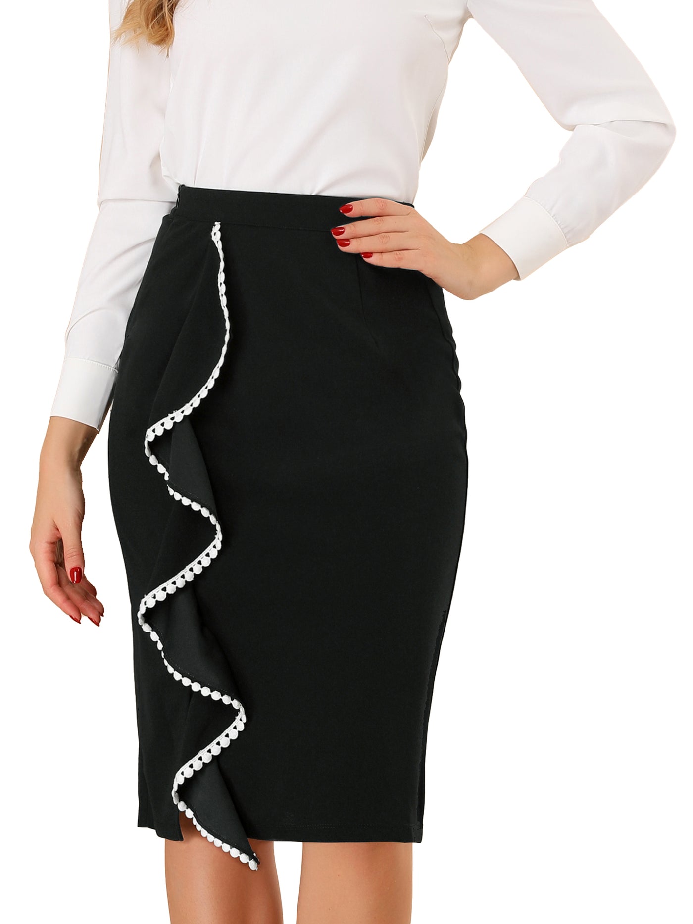 Allegra K Pencil High Waist Ruffle Trim Split Work Office Skirt