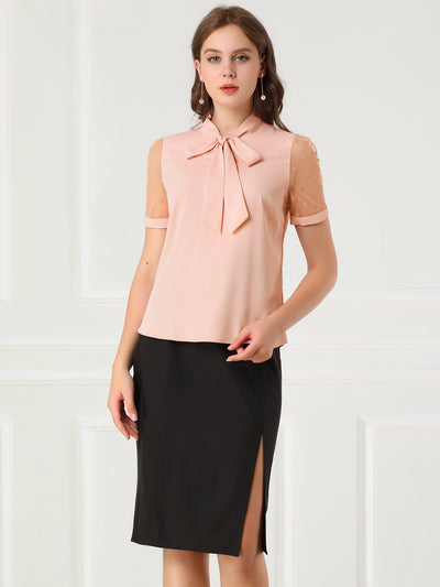 Bow Tie V Neck Stand Collar Short Mesh Sleeve Blouse